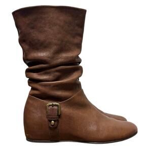 Stuart Weitzman Brown Leather Riding Slouch Boots Gold Buckle Hidden Wedge 7